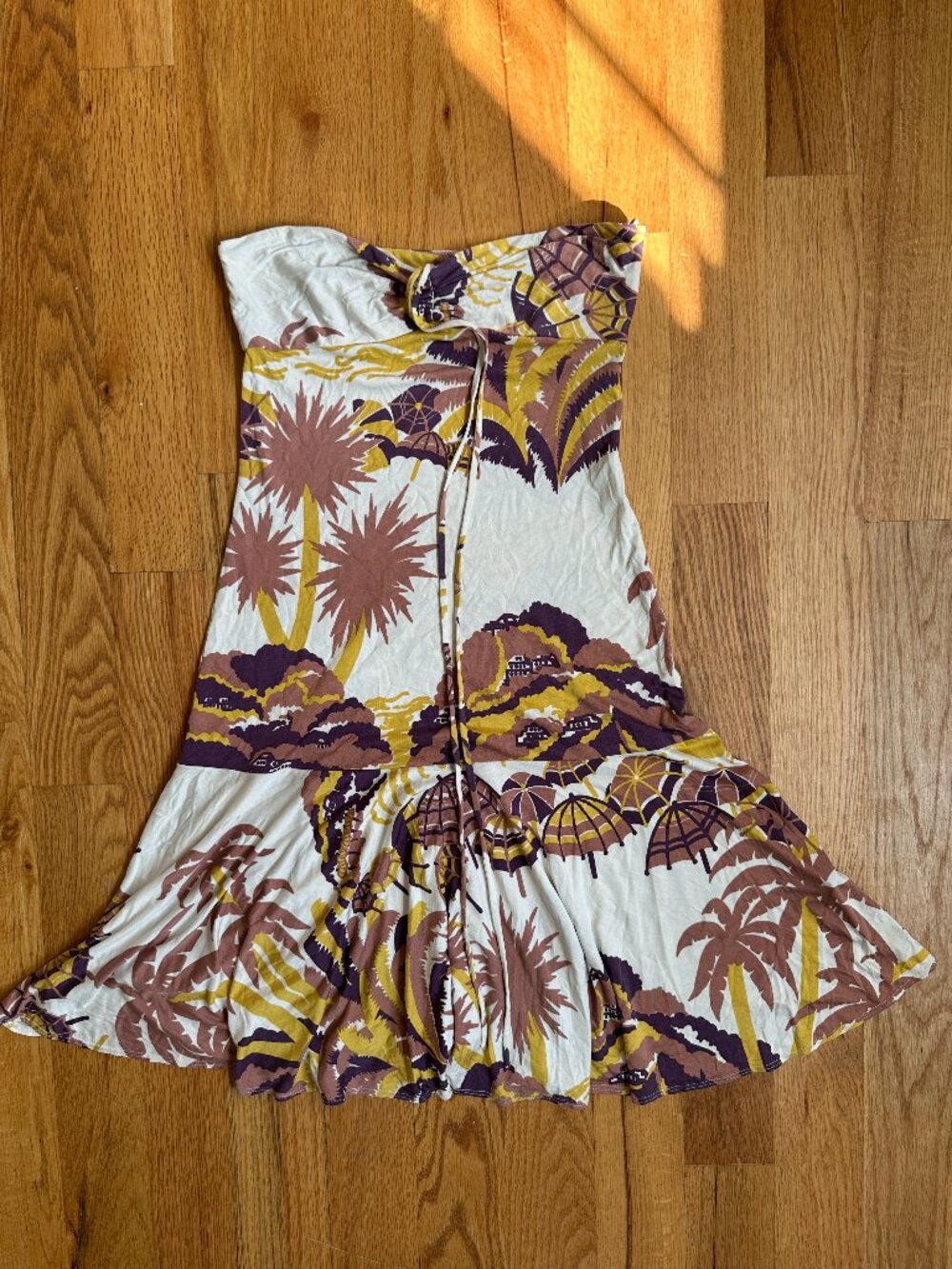 Julie Brown - 100% Silk - Tropical Print Strapless Ruffle Dress - Size S